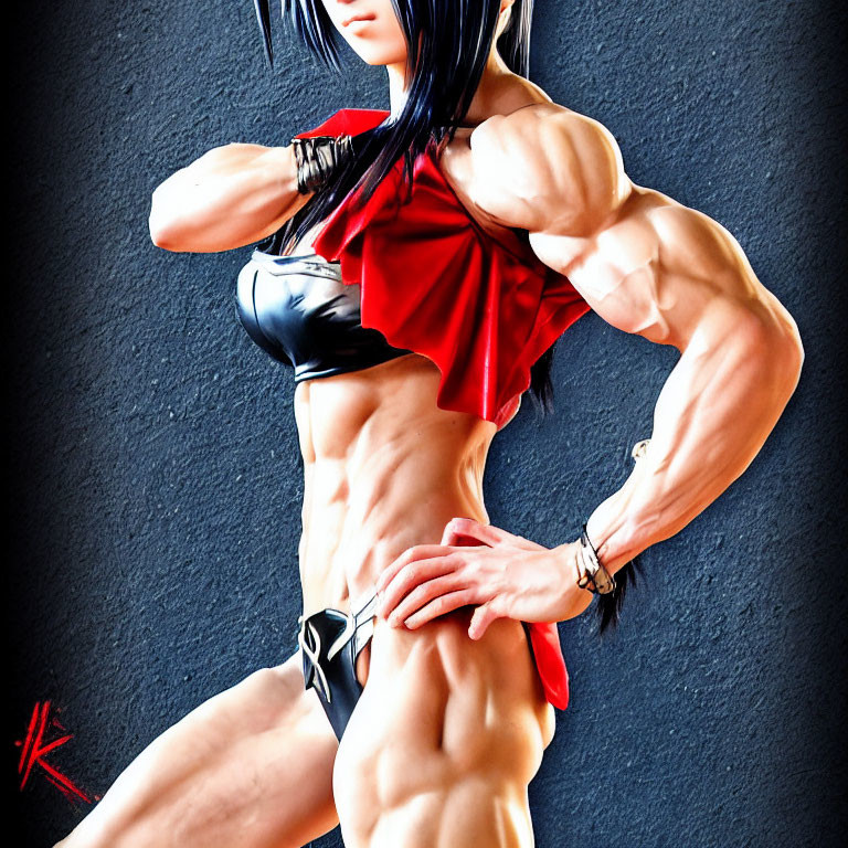 Muscular female character in black outfit with red cape on dark background