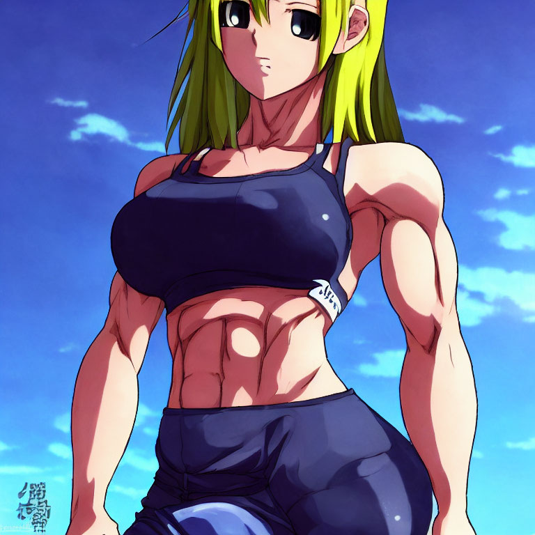 Muscular woman with green hair in blue sports outfit on blue sky background