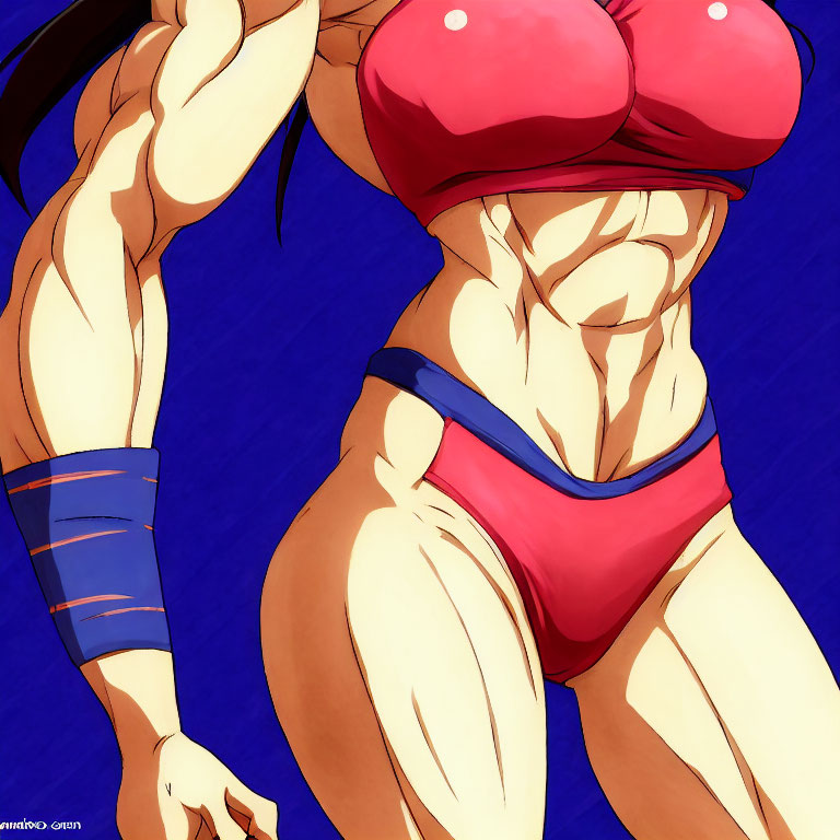 Muscular character in red bikini top and blue bottom on blue background