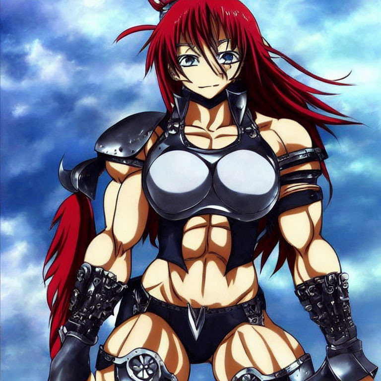 Red-haired female warrior in metallic armor and gauntlets under cloudy blue sky