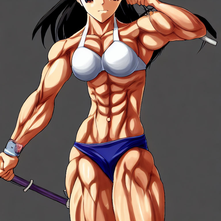 Muscular female character in sports bra and bikini bottom posing with hand behind head