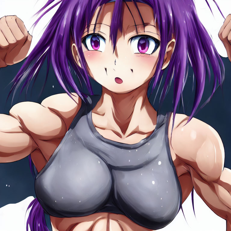 Purple-haired anime character in gray tank top with large eyes and determined expression.
