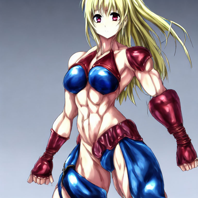 Muscular Female Character in Blue and Red Armor on Grey Background