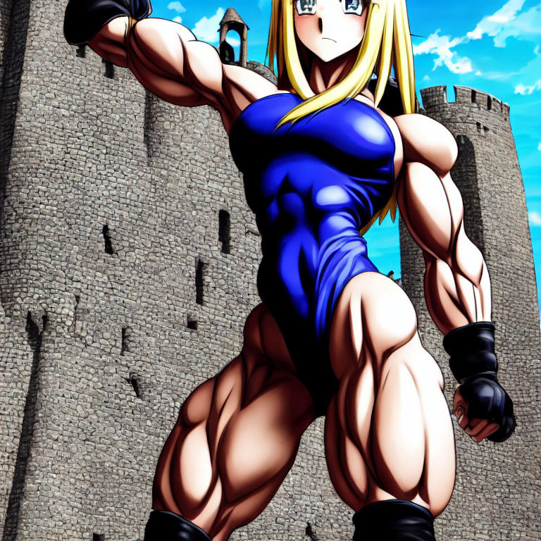 Exaggerated Muscular Female Character in Blue Outfit Flexing at Castle