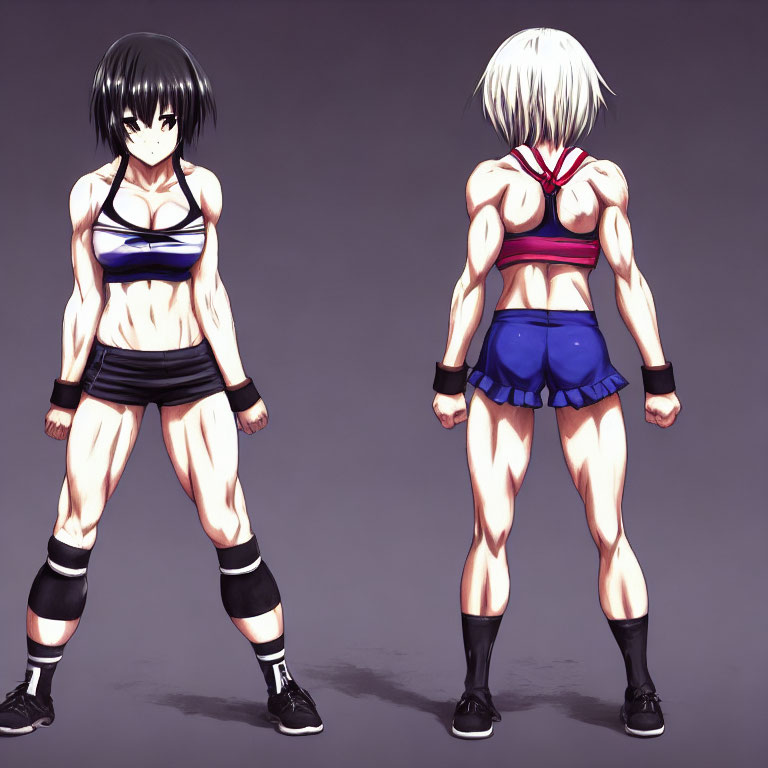 Anime-style female characters with black and white hair in sporty attire