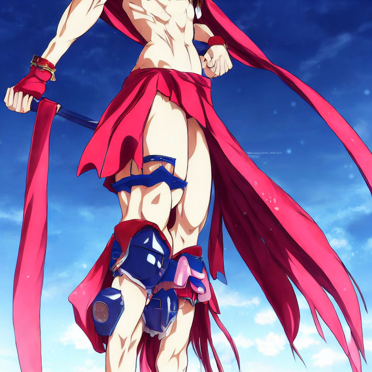 Muscular animated character with red hair and blue armor holding two swords under a blue sky.