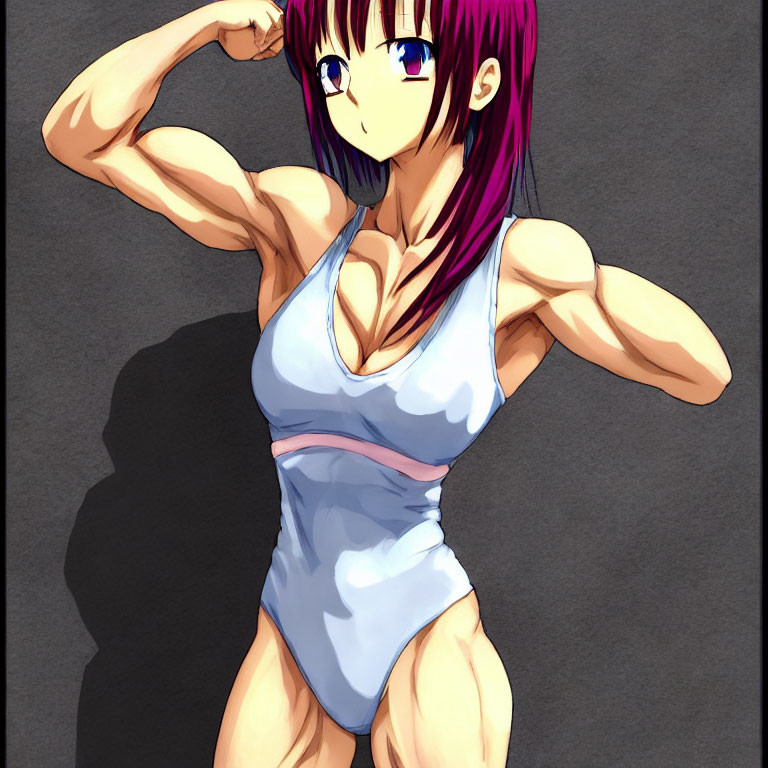 Purple-haired muscular animated female character flexing in blue outfit