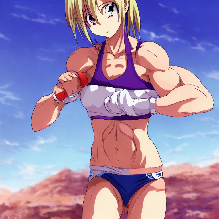 Muscular Female Character in Sports Attire Poses Against Blue Sky