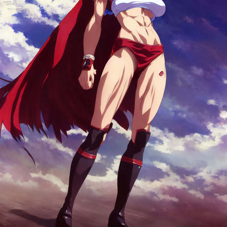 Muscular superhero with white hat and red shorts under blue sky