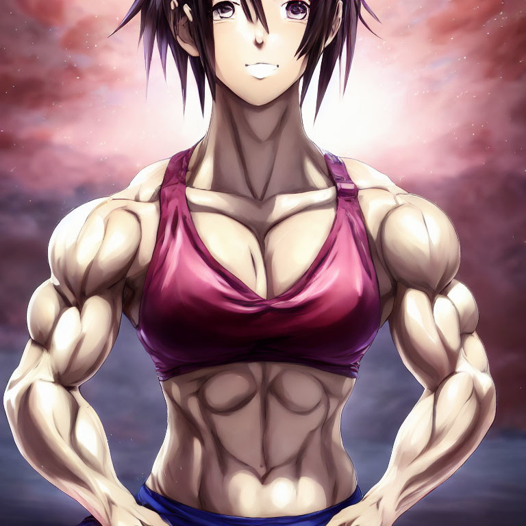 Muscular animated character in purple sports top against dramatic sky.