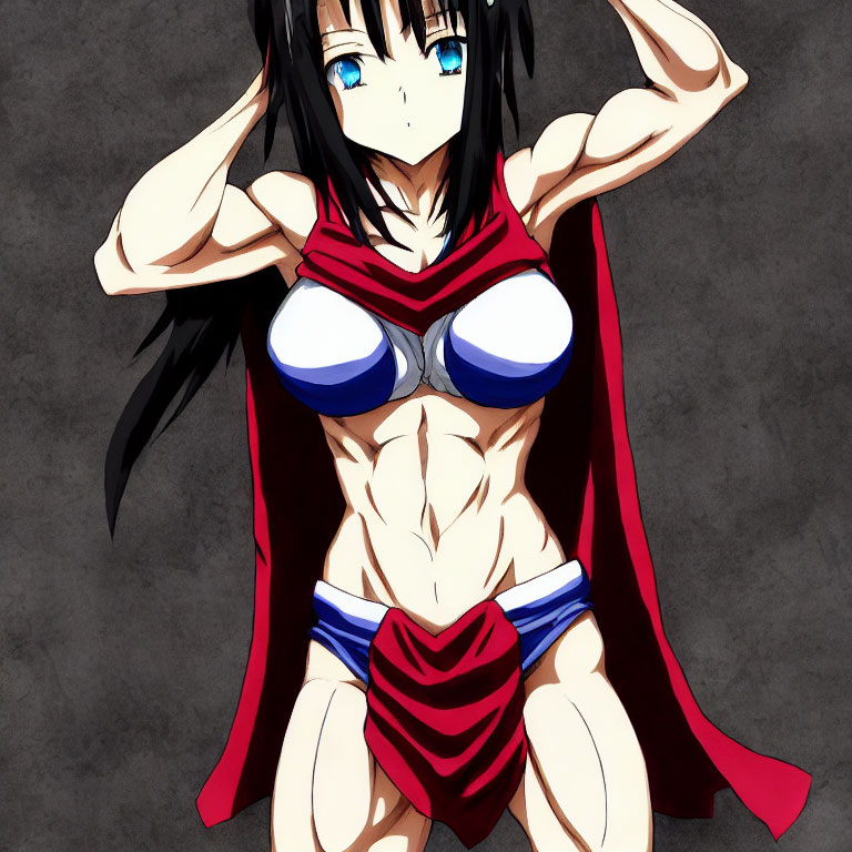 Anime-style female character with muscular physique in red and blue outfit on dark background