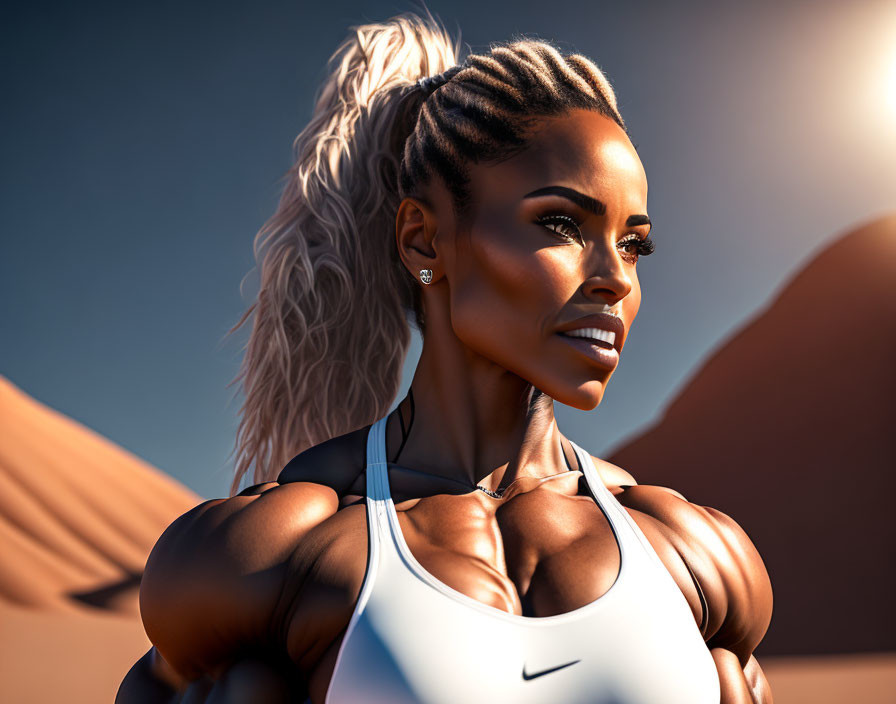 Athletic woman with braided hair in white sports top against desert backdrop