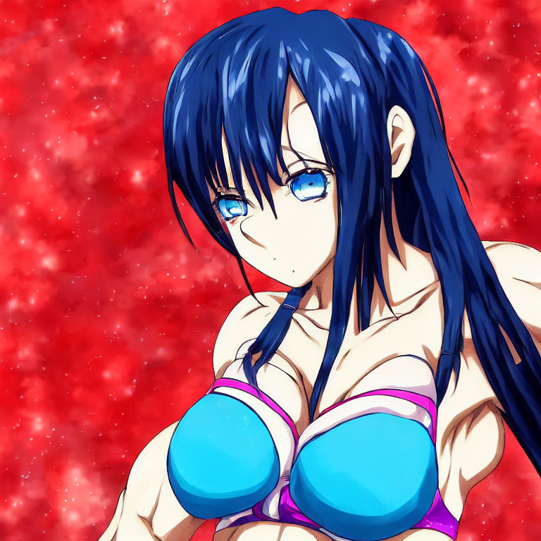 Blue-haired animated character in purple bikini on red background