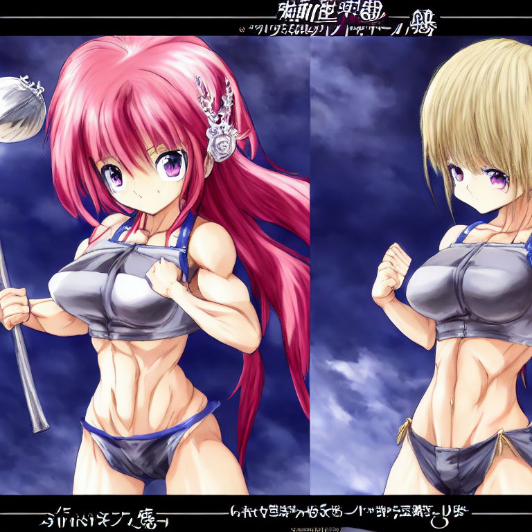 Muscular Female Anime Characters with Pink and Blond Hair Holding Weapons