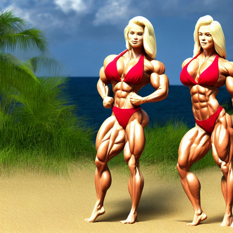 Muscular Women in Red Bikinis on Beach with Palm Trees