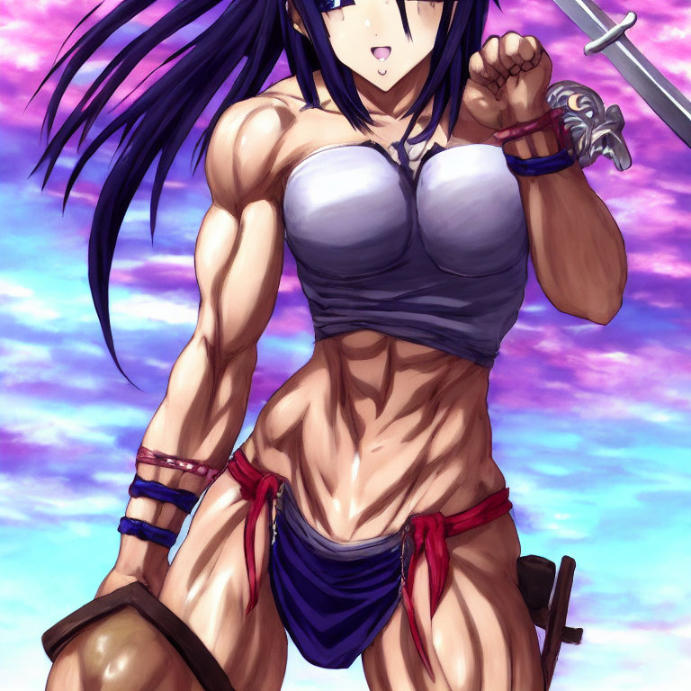 Muscular woman with purple hair in anime style holding a sword