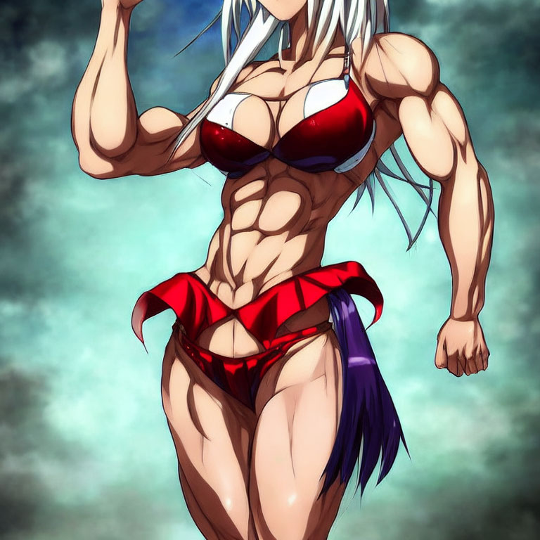 Muscular character with white hair in red and white bikini flexing under cloudy sky