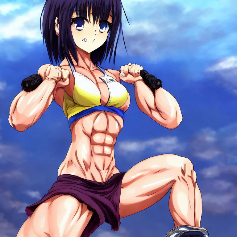 Muscular anime character in yellow sports bra and purple shorts under blue sky