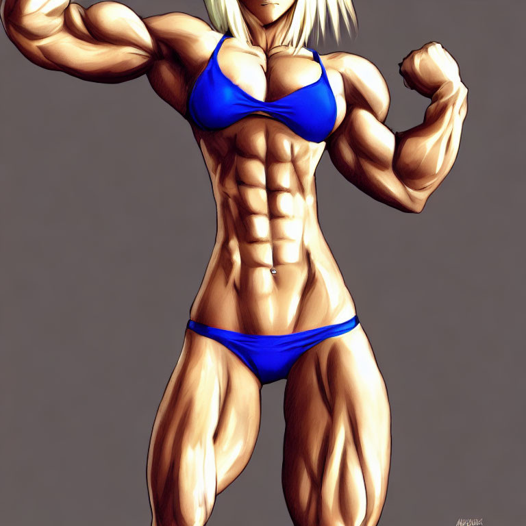 Muscular blonde character in blue bikini flexing muscles