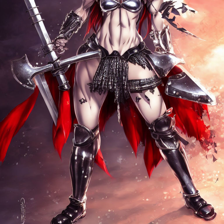 Red-winged warrior in silver armor wields battleaxe on dark backdrop