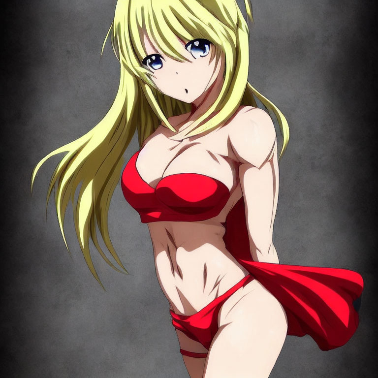 Blonde animated character in red bikini on grey background