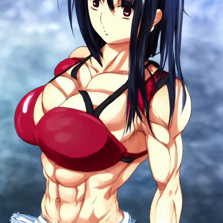 Muscular female character in red bikini top with stern expression