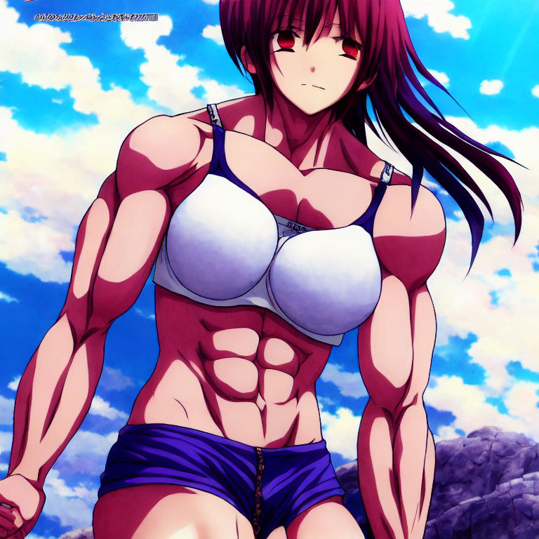 Muscular woman in sports bikini against blue sky with clouds