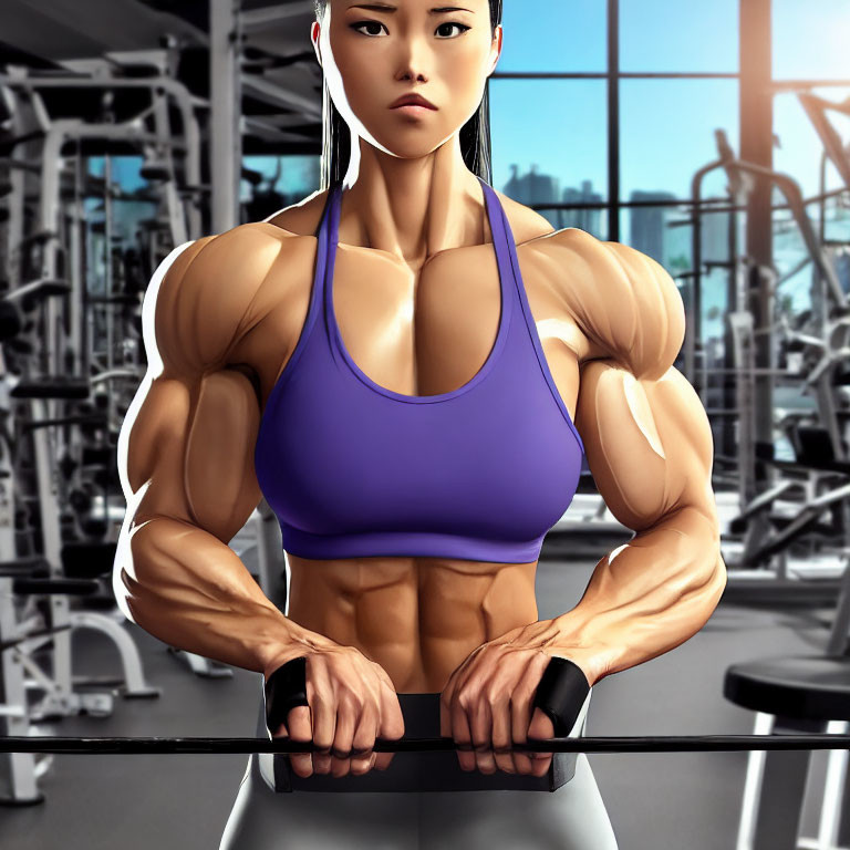 Muscular animated character lifting weights in gym setting