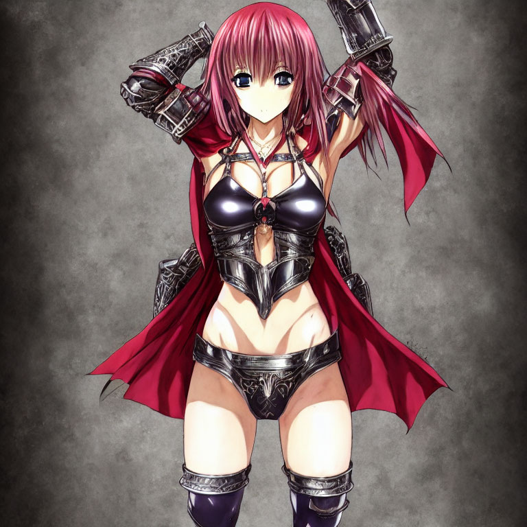 Pink-haired anime character in black and silver armor with red cloak