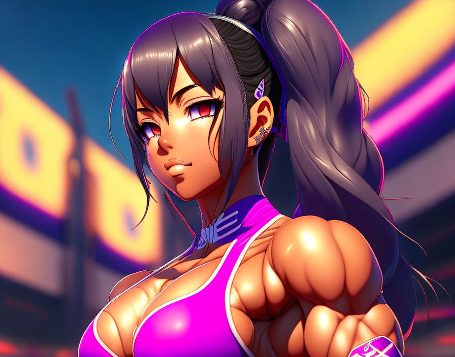 Muscular female character in pink sports top with ponytail on sunset background