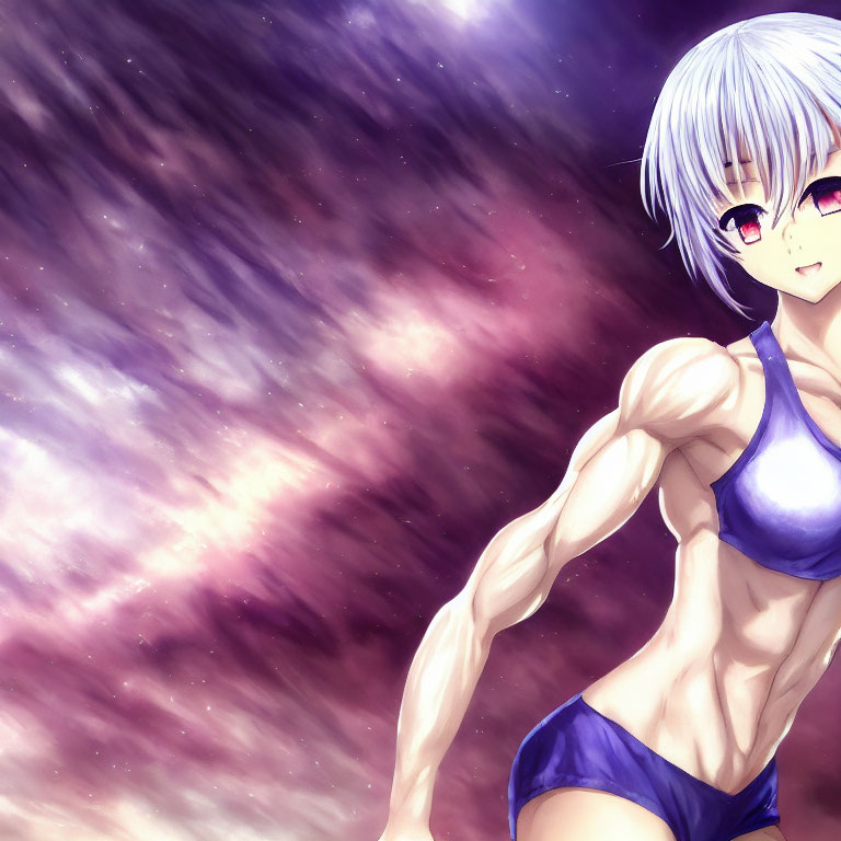 White-haired, red-eyed animated character in blue bikini on cosmic purple background