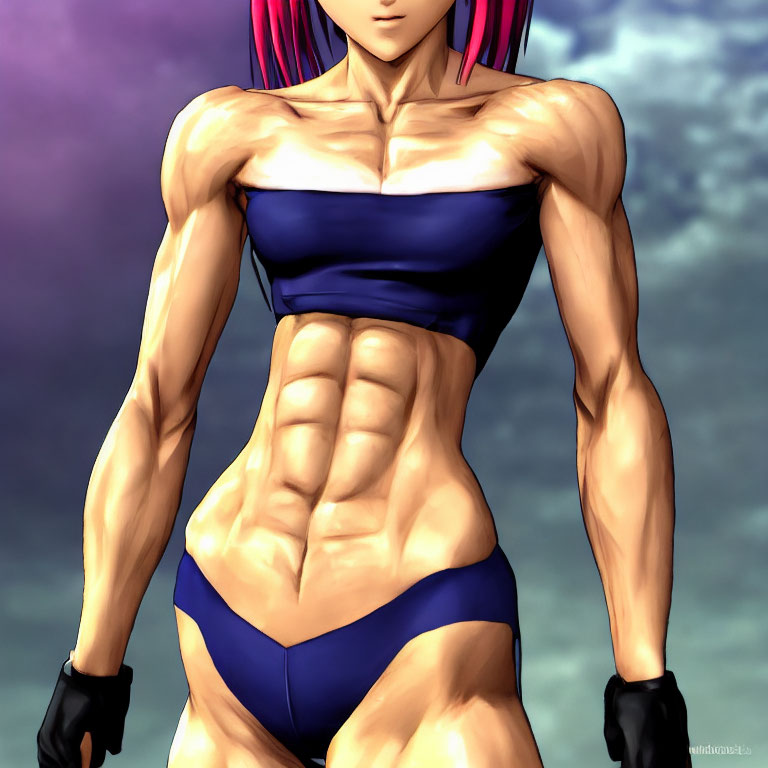 Muscular character with pink hair in blue sports attire, displaying defined abs and arms on a hazy