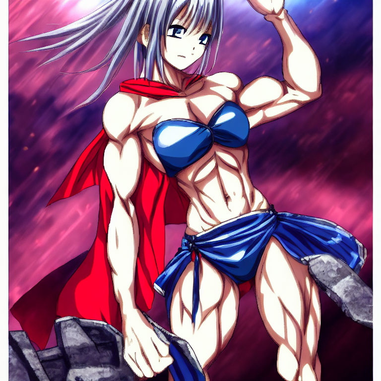 Muscular female anime character with silver hair in blue bikini and red cape on crimson backdrop