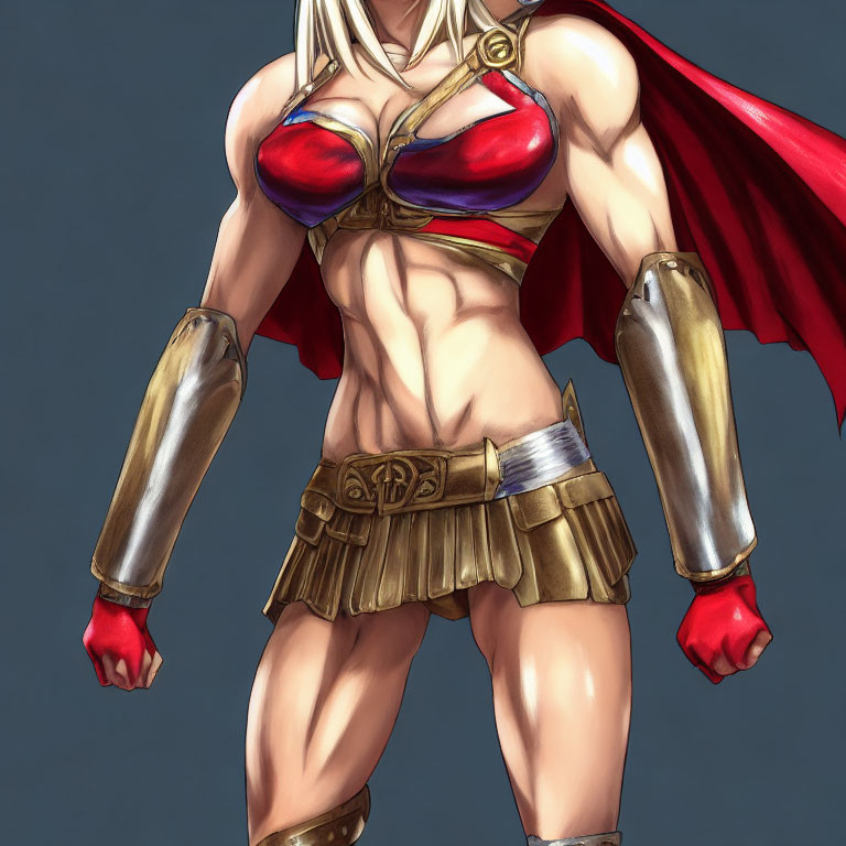 Muscular character in red cape and gold armor on grey background