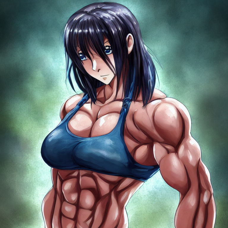 Muscular woman in blue sportswear with long dark hair