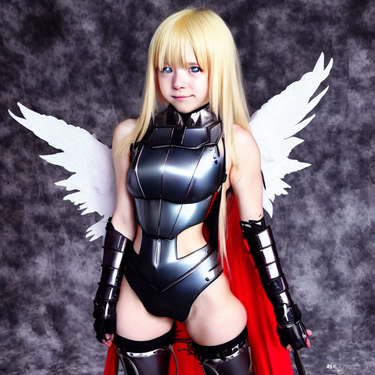 Angelic warrior cosplay with metallic armor, white wings, and red cape