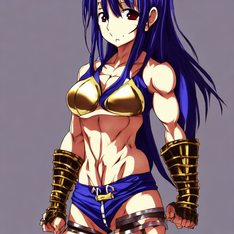 Blue-Haired Anime Character in Gold Bikini Top and Skirt Flexing Bicep