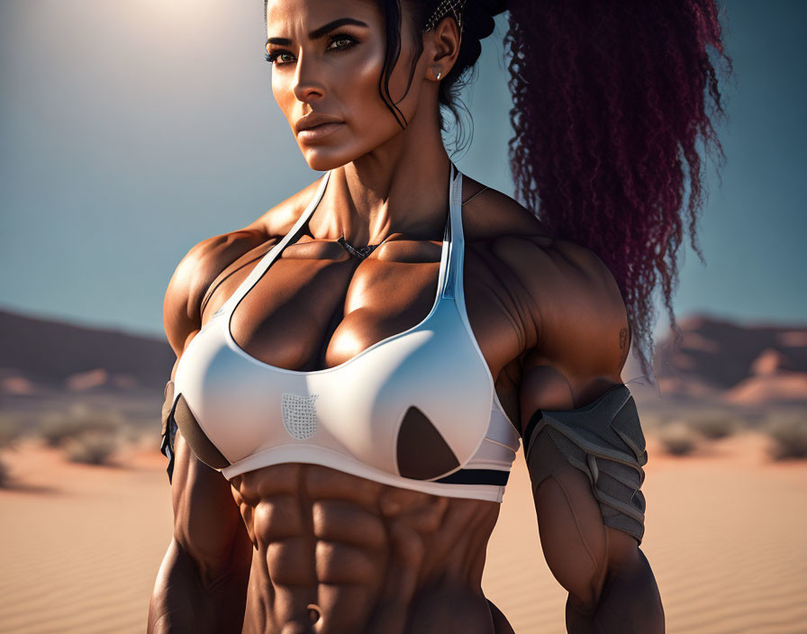 Muscular Woman in Sports Bra with Arm Tattoo in Desert Setting