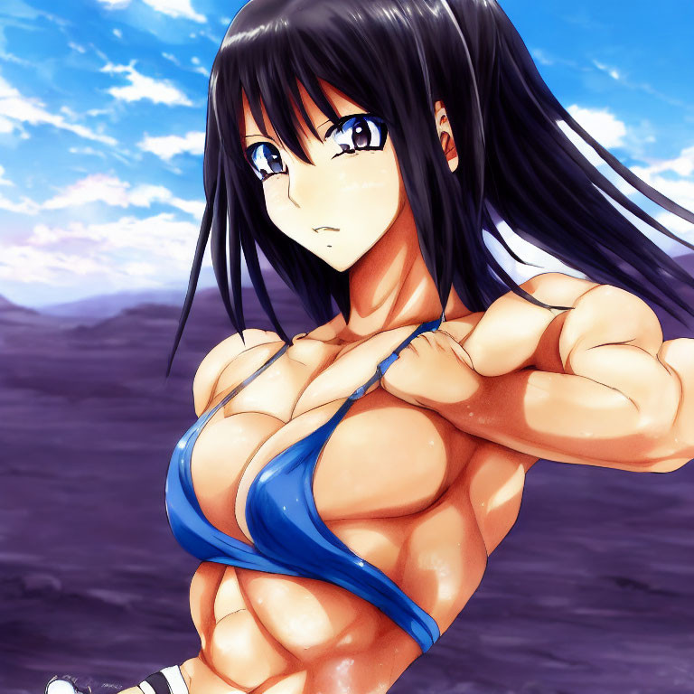 Muscular female character with long black hair in blue outfit against cloudy sky.