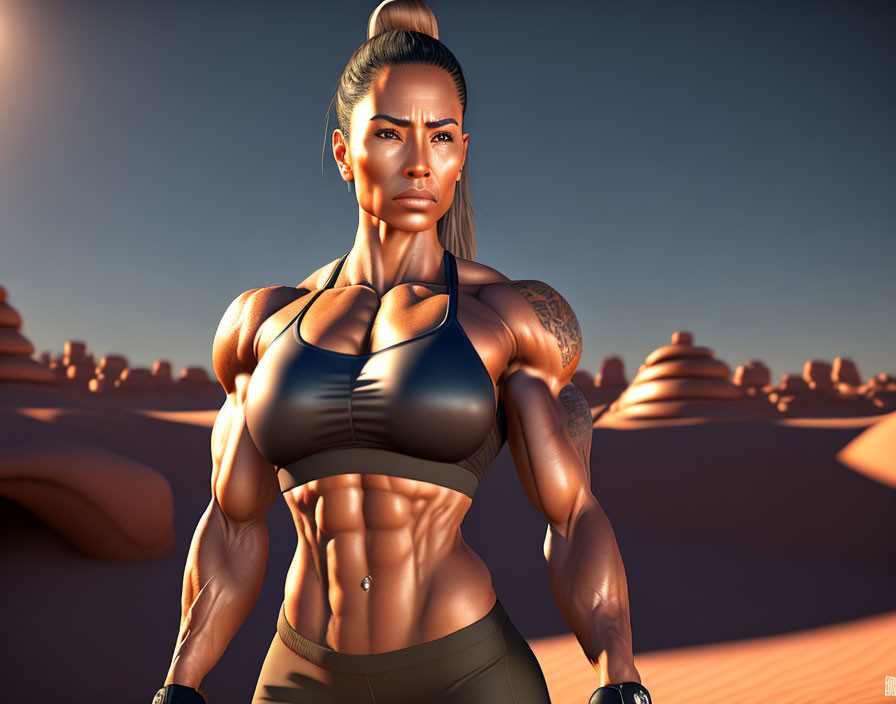 Muscular character in desert landscape at sunrise or sunset