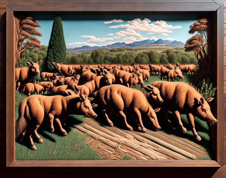 Stylized boars herd in field with trees and mountains, wood frame