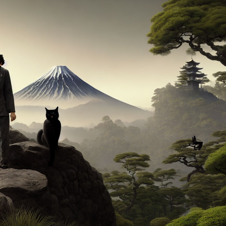 Scenic landscape with Mount Fuji, person, black cat, traditional architecture, and bonsai trees under