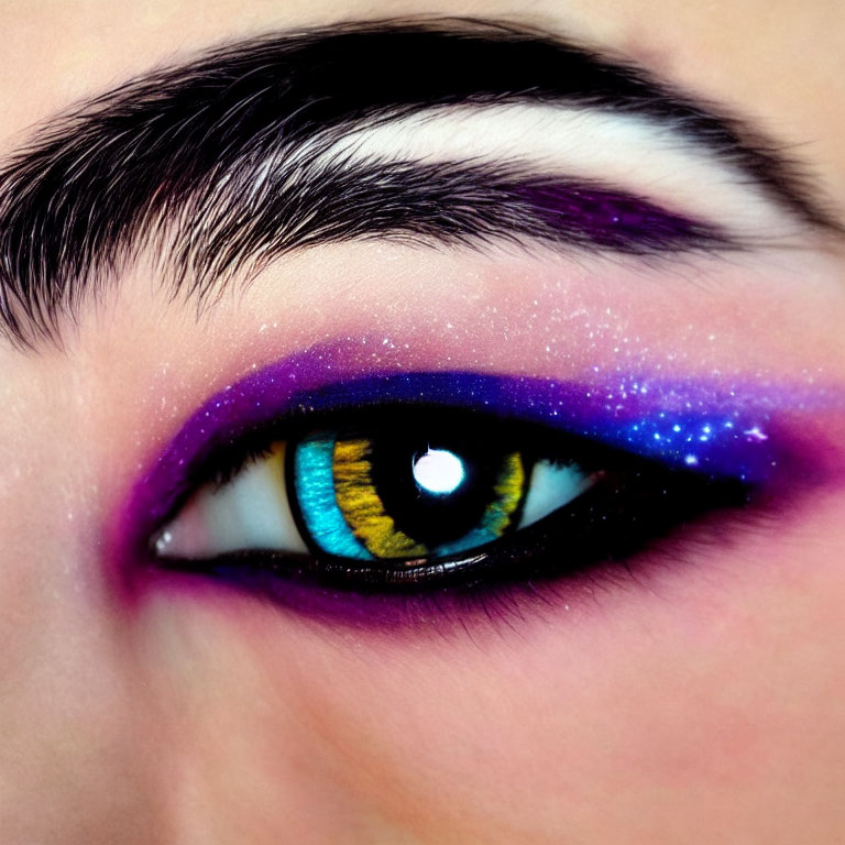 Close-up of vibrant purple eyeshadow with cosmic galaxy-inspired makeup