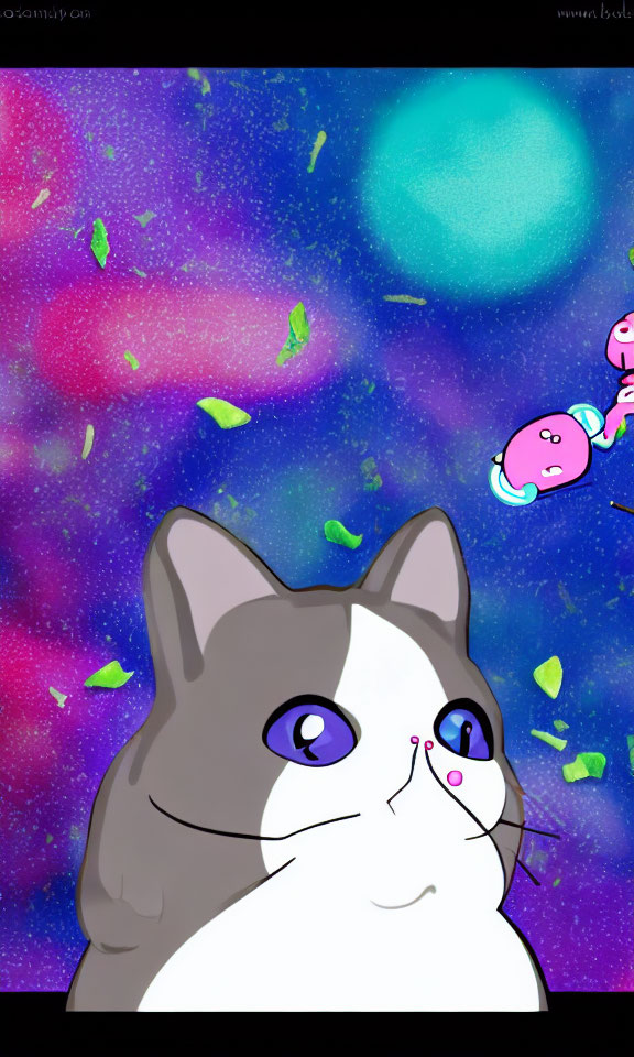 Colorful Galaxy Backdrop with Wide-Eyed Cat and Pink Creature