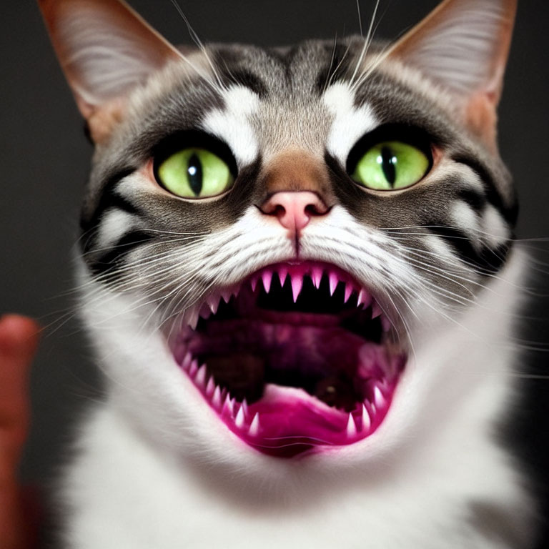 Digitally Altered Cat Image with Wide Eyes and Sharp Teeth