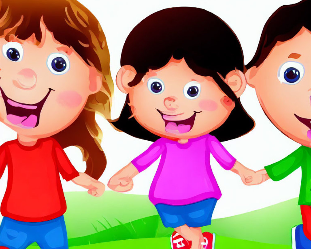 Cartoon children with big smiles on grass: boy in red, girl in pink, boy in green