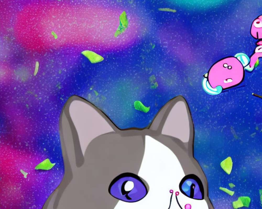 Colorful Galaxy Backdrop with Wide-Eyed Cat and Pink Creature