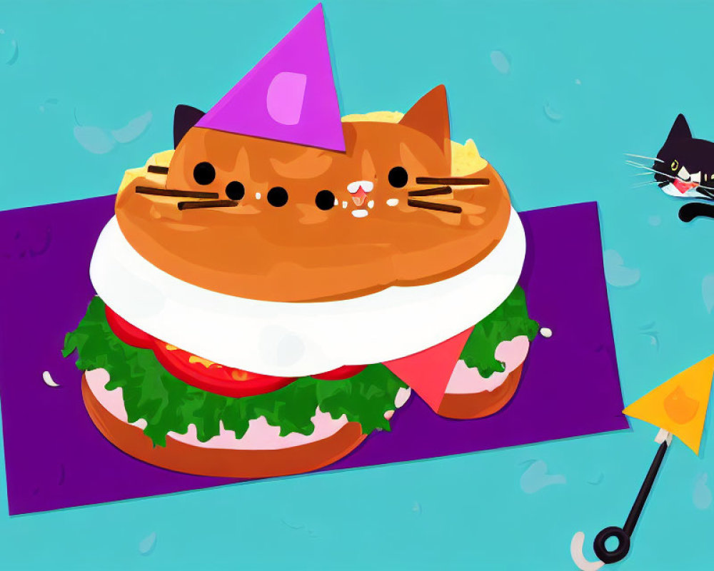 Illustration of whimsical cat with party hat, burger, fishing cat with cocktail umbrella on purple mat