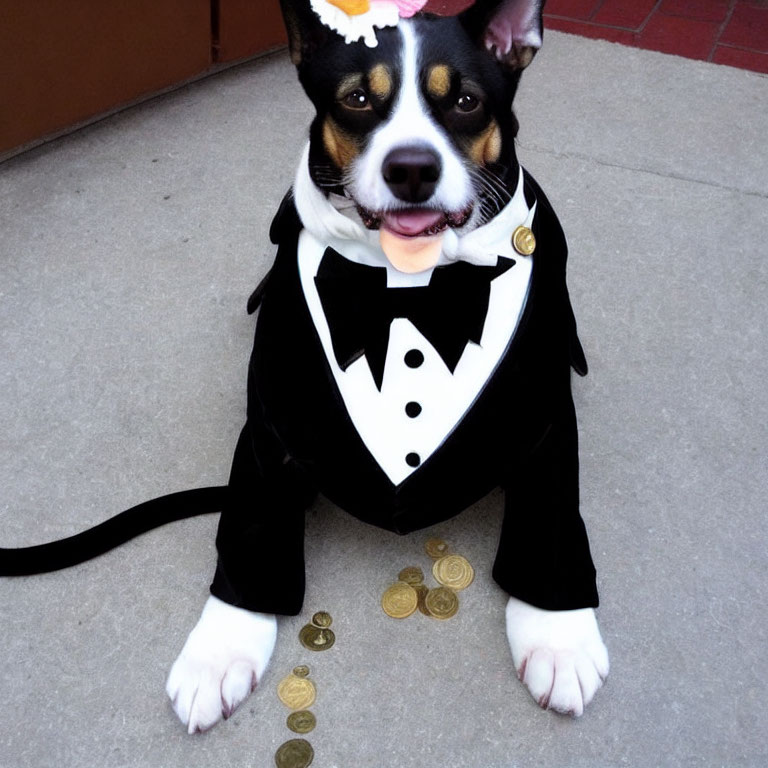 Dog in Tuxedo Costume Sitting on Pavement with Bowtie and Coins