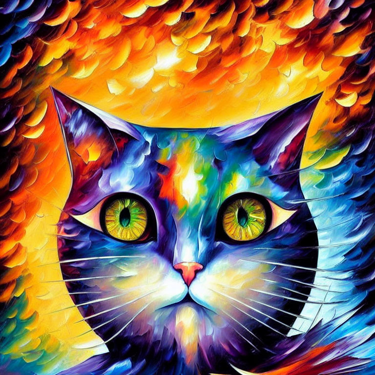 Colorful Psychedelic Cat Painting with Green Eyes on Orange Background